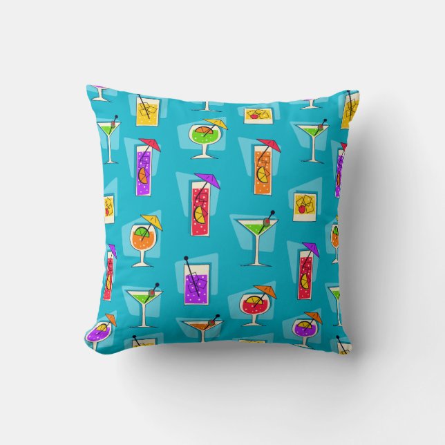 Happy Hour Retro Hawaiian Tropical Drinks Throw Pillow (Front)