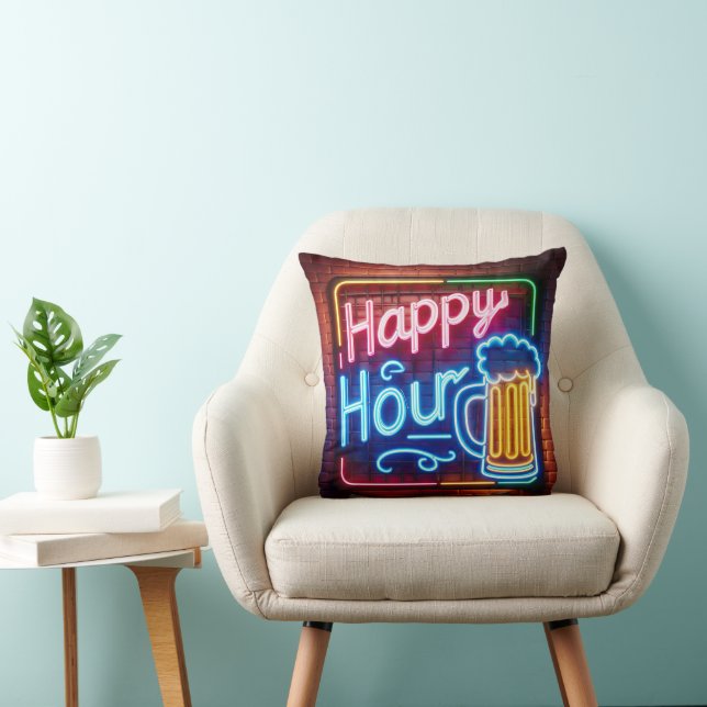 Happy Hour Sign On Brick Throw Pillow (Chair)