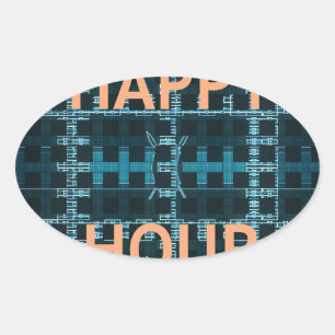 Happy Hour Text Blue Vector Art Print Oval Sticker