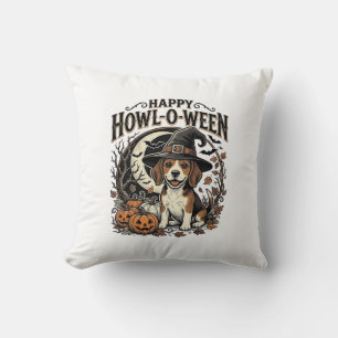 Happy Howl-O-Ween Beagle Witch Hat Halloween Shirt Throw Pillow