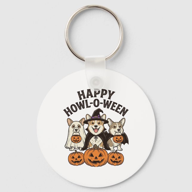 Happy Howl-O-Ween Corgi Halloween Dog Vector Desig Keychain (Front)