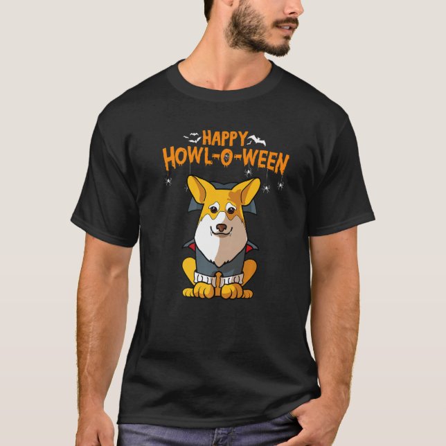 Happy Howl O Ween Corgi Vampire Dog Halloween T-Shirt (Front)