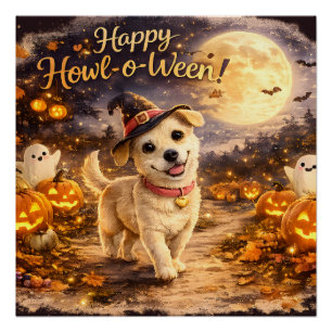 Happy Howl-o-Ween Cute Dog Halloween Design Poster