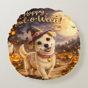 Happy Howl-o-Ween Cute Dog Halloween Design Round Pillow