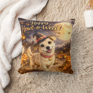 Happy Howl-o-Ween Cute Dog Halloween Design Throw Pillow