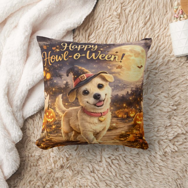 Happy Howl-o-Ween Cute Dog Halloween Design Throw Pillow (Blanket)