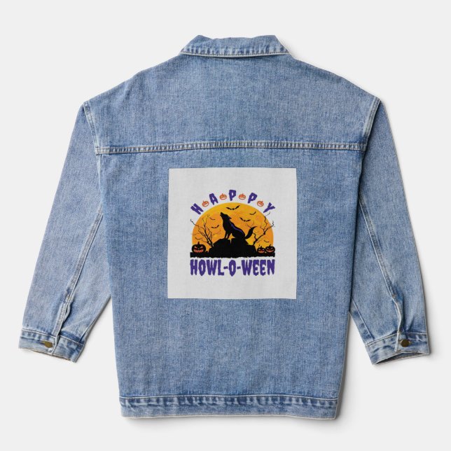 Happy Howl O Ween Howling Halloween Dog Essential  Denim Jacket (Back)