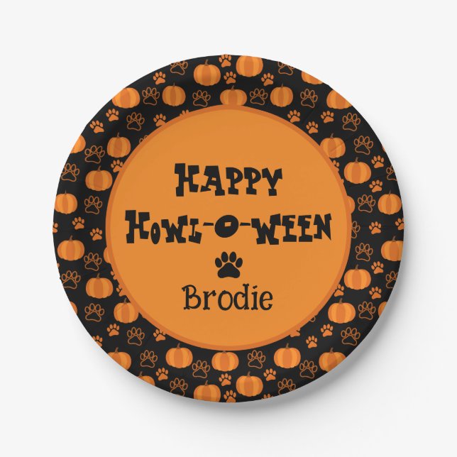 Happy Howl-O-Ween Personalized Dog Halloween Paper Plate (Front)