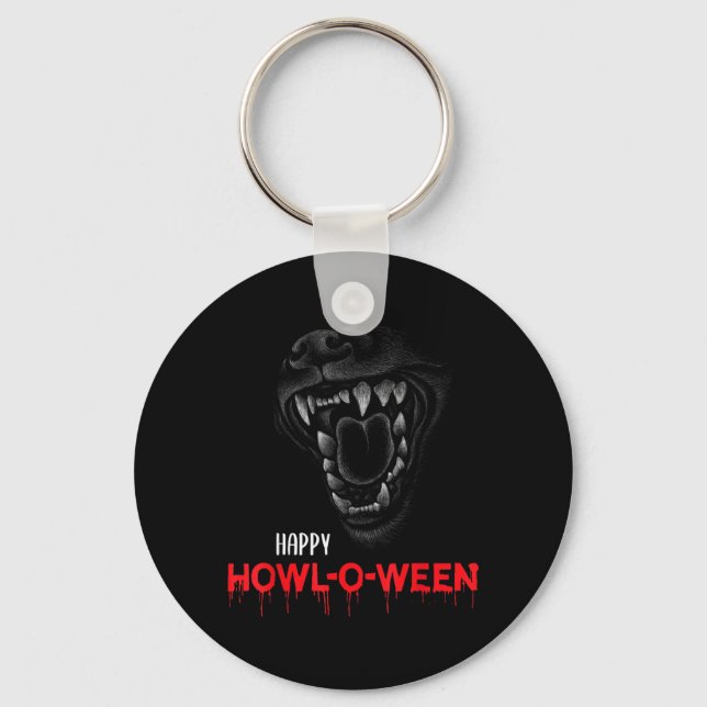 Happy Howl-O-Ween Scary Howling Dog Wolf Teeth Keychain (Front)