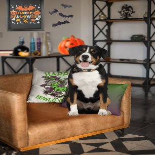 Happy Howl-o-ween Wolf Riding on Skateboard Throw Pillow