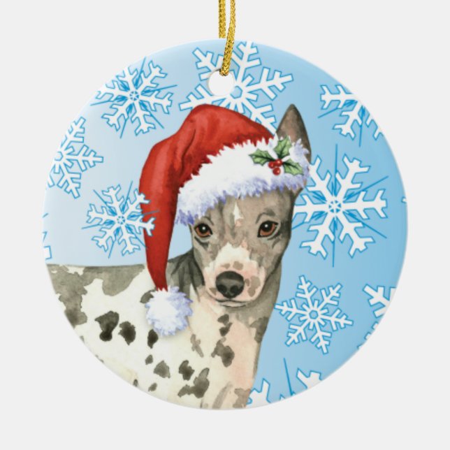 Happy Howliday American Hairless Terrier Ceramic Ornament (Front)