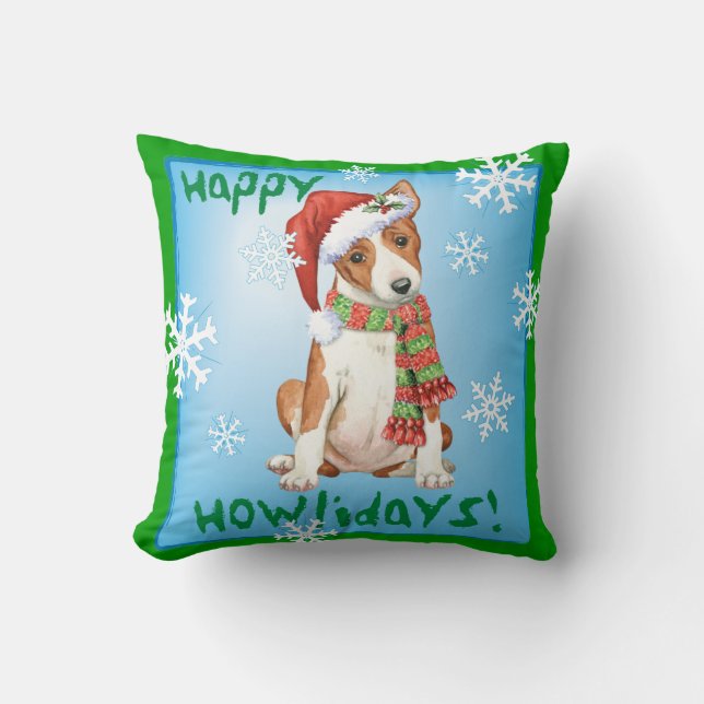 Happy Howliday Basenji Throw Pillow (Front)