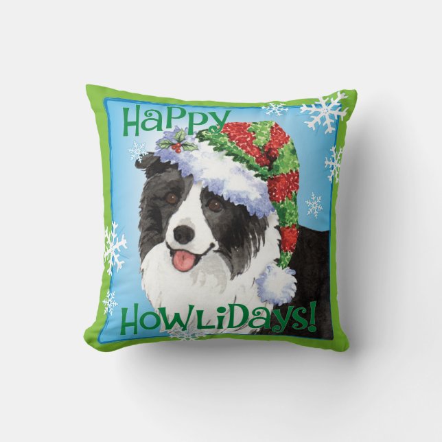 Happy Howliday Border Collie Throw Pillow (Front)