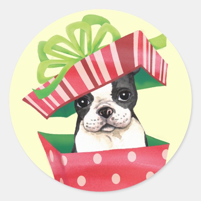 Happy Howliday Boston Terrier Classic Round Sticker (Front)
