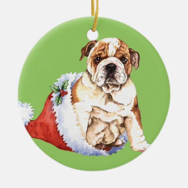 Happy Howliday Bulldog Ceramic Ornament (Front)
