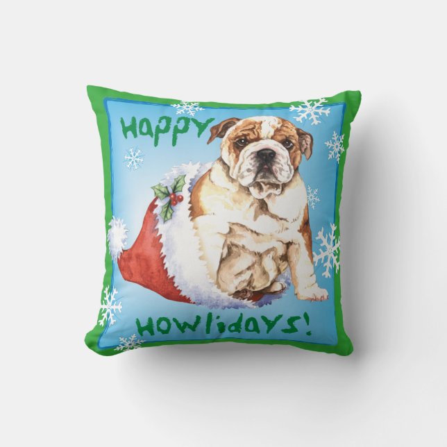 Happy Howliday Bulldog Throw Pillow (Front)