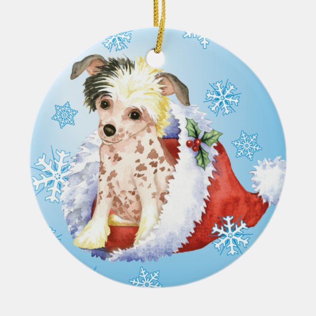 Happy Howliday Chinese Crested Ceramic Ornament (Front)