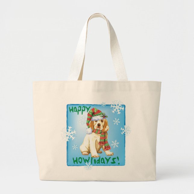 Happy Howliday Clumber Spaniel Large Tote Bag (Front)