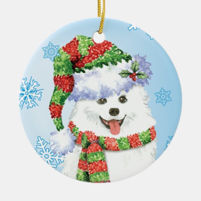 Happy Howliday Eskimo Dog Ceramic Ornament (Front)