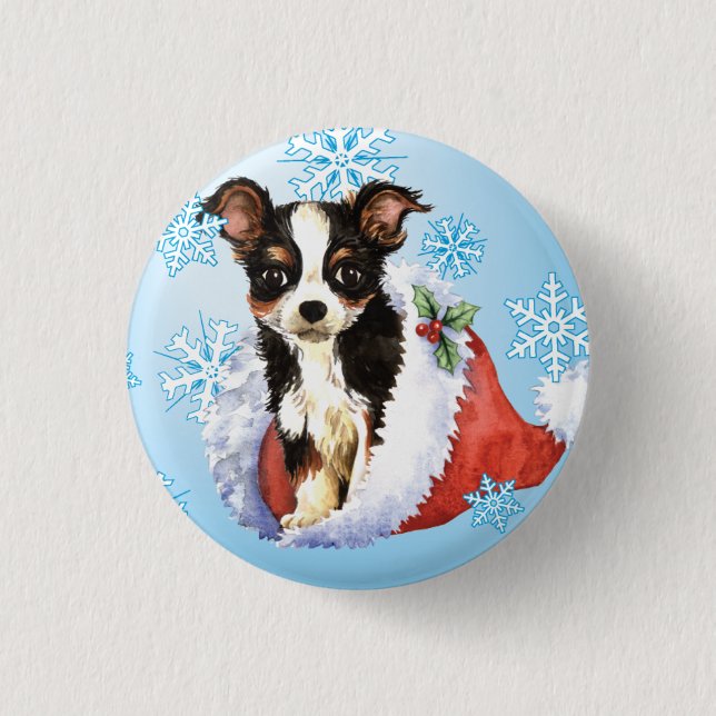 Happy Howliday Long Coat Chihuahua 1 Inch Round Button (Front)