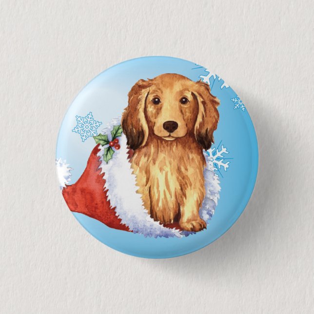 Happy Howliday Longhaired Dachshund 1 Inch Round Button (Front)