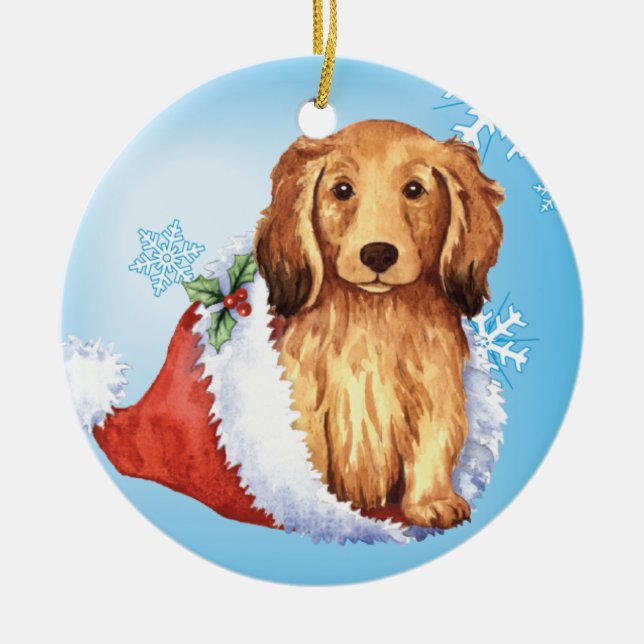 Happy Howliday Longhaired Dachshund Ceramic Ornament (Front)