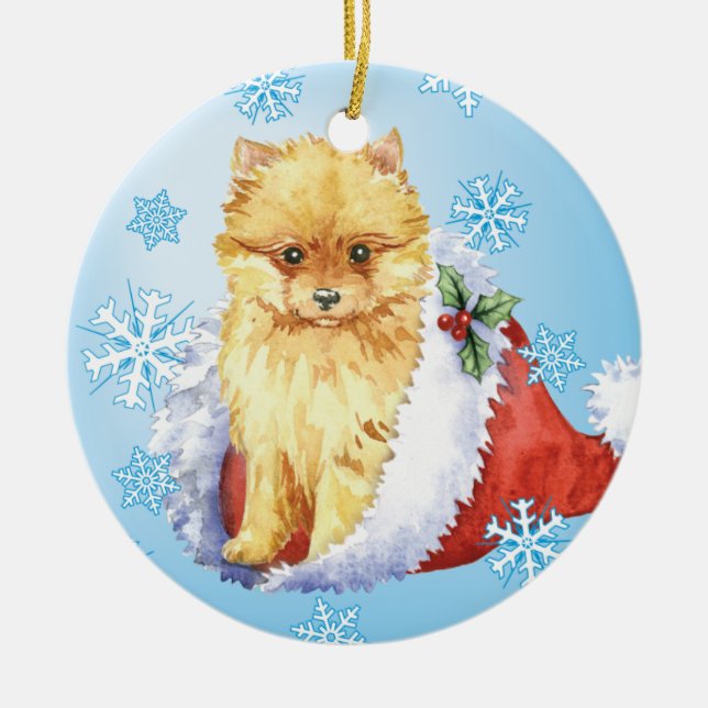 Happy Howliday Pomeranian Ceramic Ornament (Front)
