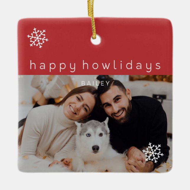 Happy Howlidays Add Your Photo Red Pet Ornament (Front)