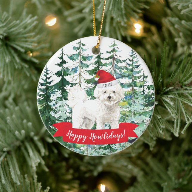 Happy Howlidays Bichon Frise Dog Christmas Ornamen Ceramic Ornament (Tree)