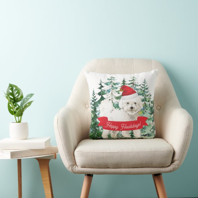 Happy Howlidays Bichon Frise Dog Christmas Throw Pillow (Chair)