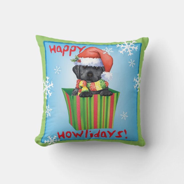 Happy Howlidays Black Lab Throw Pillow (Front)
