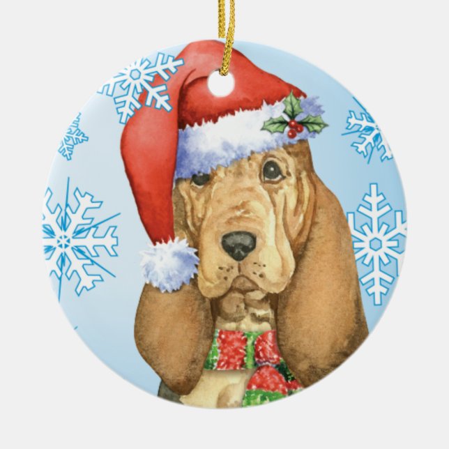 Happy Howlidays Bloodhound Ceramic Ornament (Front)