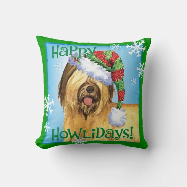 Happy Howlidays Briard Throw Pillow (Front)