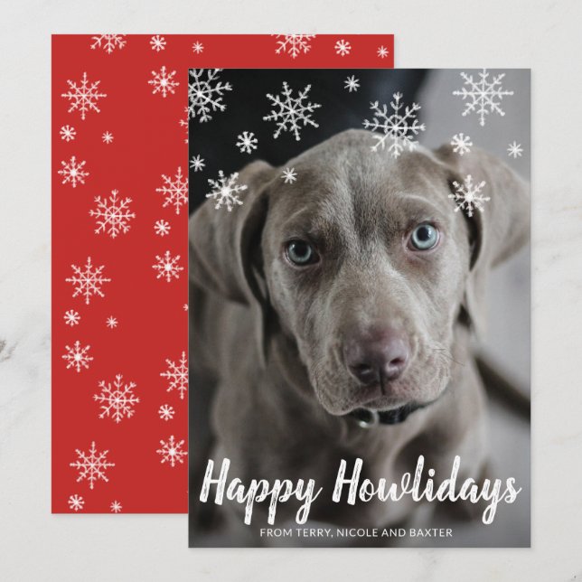 Happy Howlidays Chalk Script Snowflakes Photo Dog Holiday Card (Front/Back)