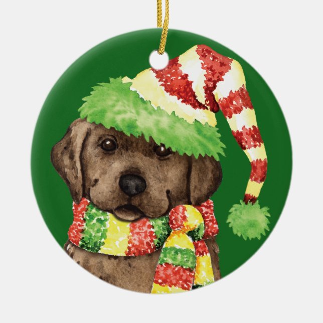 Happy Howlidays Chocolate Lab Ceramic Ornament (Front)