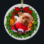 Happy Howlidays Custom Pet Photo Ceramic Ornament<br><div class="desc">Green wreath with a bright red bow,  where you can add your favourite pet or family photo. Customize the back with your own special date or saying. Perfect for gift giving or your pet's first Christmas!</div>