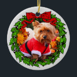 Happy Howlidays Custom Pet Photo Ceramic Ornament<br><div class="desc">Green wreath with a bright red bow,  where you can add your favourite pet or family photo. Customize the back with your own special date or saying. Perfect for gift giving or your pet's first Christmas!</div>