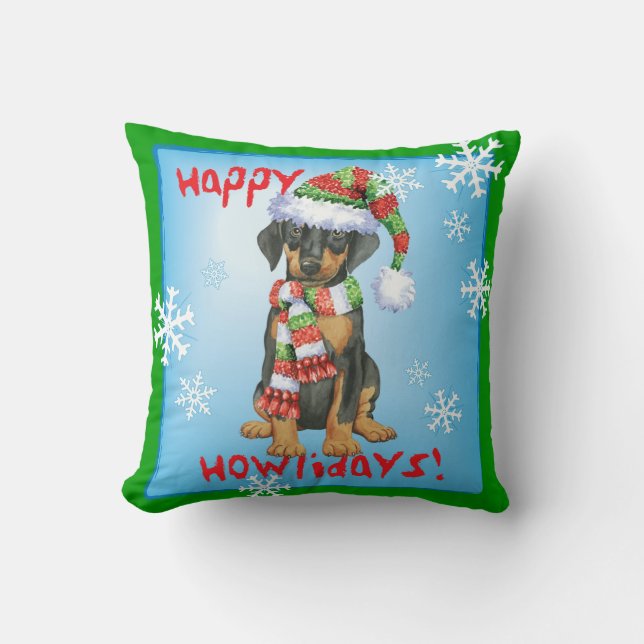 Happy Howlidays Doberman Throw Pillow (Front)
