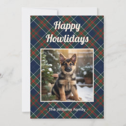 Happy Howlidays Dog Blue Plaid Christmas Holiday Card