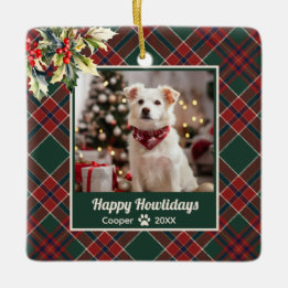 Happy Howlidays Dog Green Red Plaid Christmas Ceramic Ornament