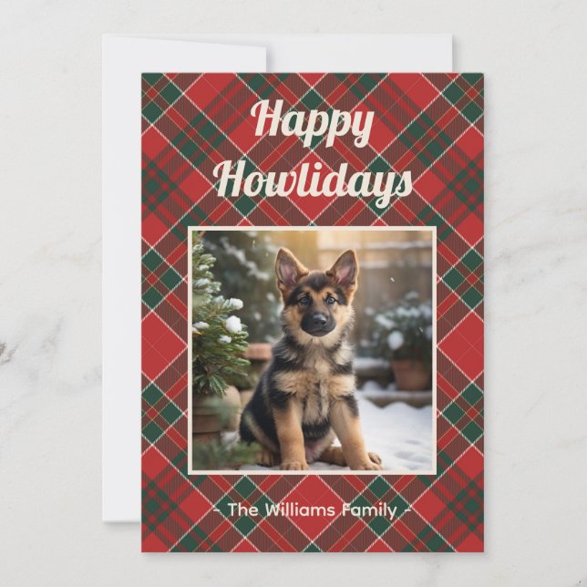 Happy Howlidays Dog Red Green Plaid Christmas Holiday Card (Front)
