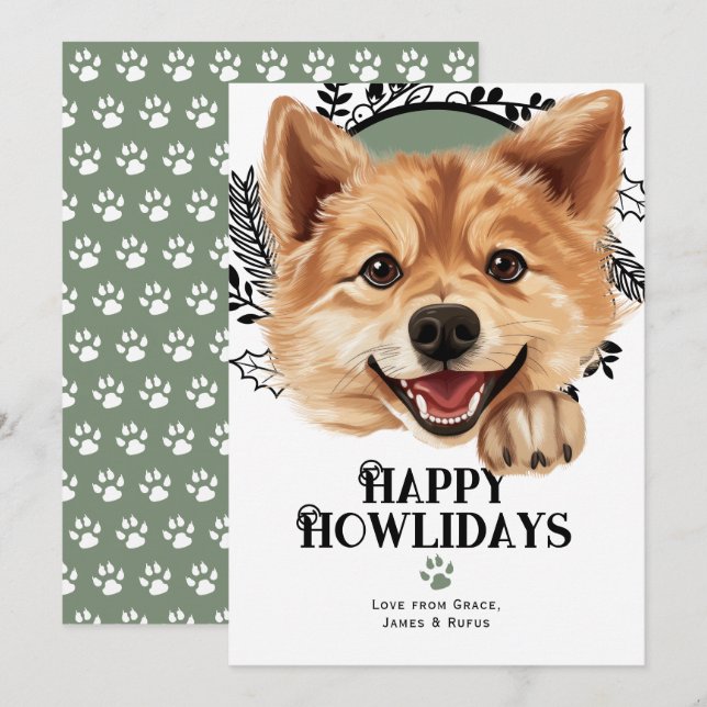 Happy Howlidays Finnish Spitz Dog Christmas Holiday Card (Front/Back)