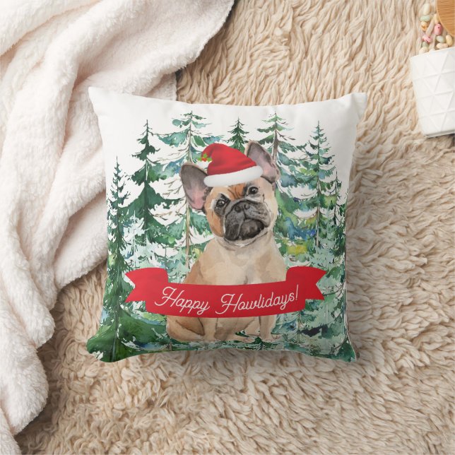 Happy Howlidays French Bulldog Dog Christmas  Throw Pillow (Blanket)