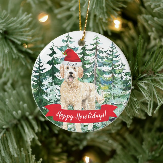 Happy Howlidays Golden Doodle Dog Christmas Orname Ceramic Ornament (Tree)