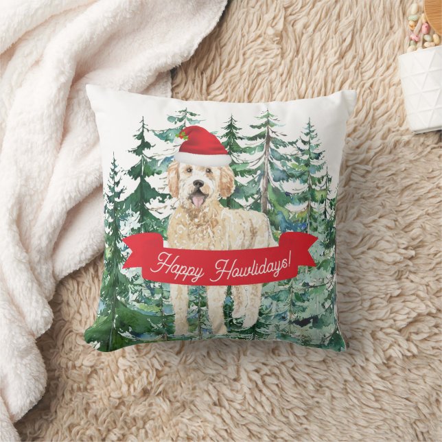 Happy Howlidays Golden Doodle Dog Christmas  Throw Pillow (Blanket)