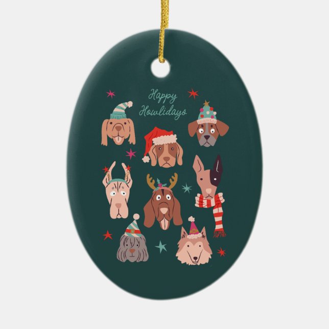 Happy Howlidays Green Christmas Dogs Ceramic Ornament (Front)
