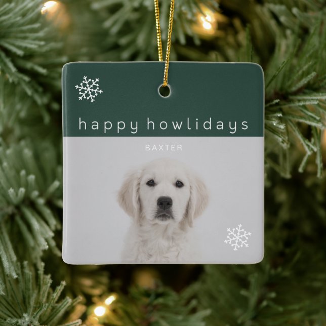 Happy Howlidays Green Photo Pet Ceramic Ornament (Tree)