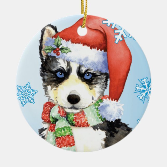 Happy Howlidays Husky Ceramic Ornament (Front)