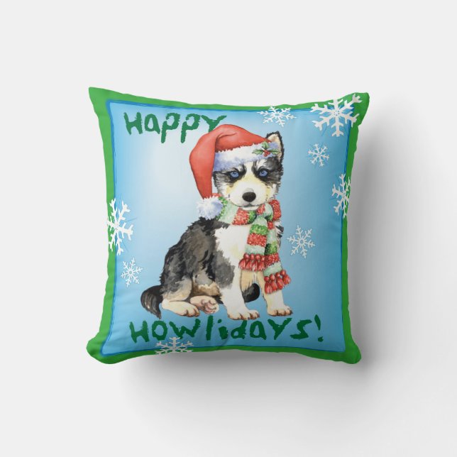 Happy Howlidays Husky Throw Pillow (Front)