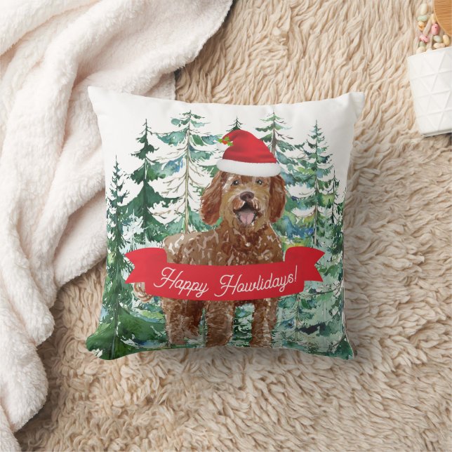 Happy Howlidays Labradoodle Dog Throw Pillow (Blanket)
